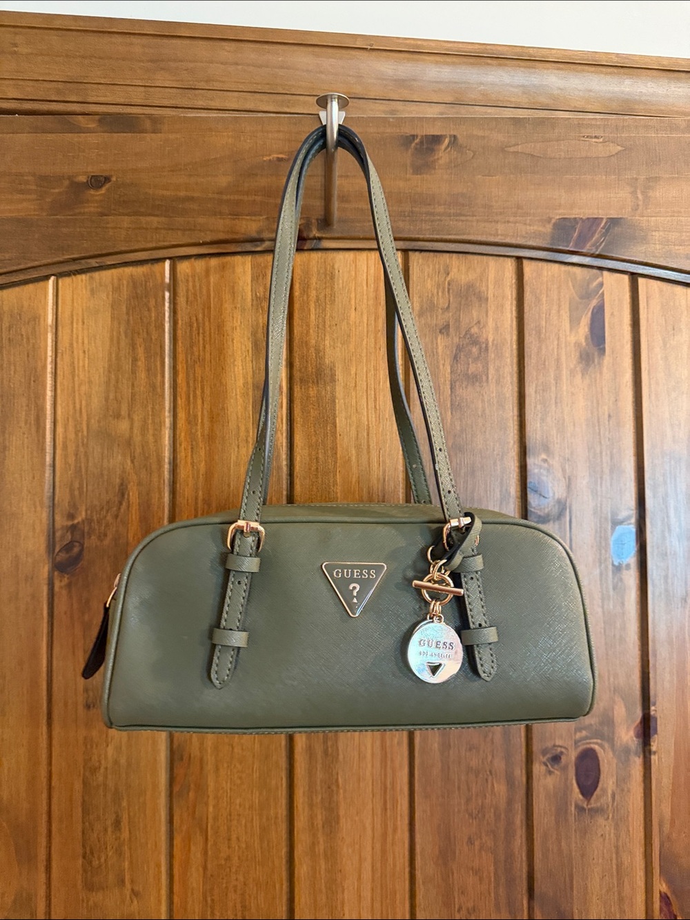 GUESS Olive Green Saffiano Dome Shoulder Bag with Charm